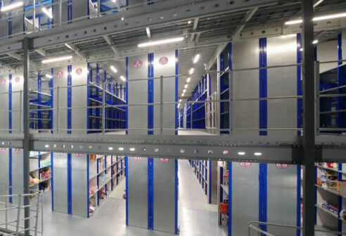 multi tier shelving in a warehouse