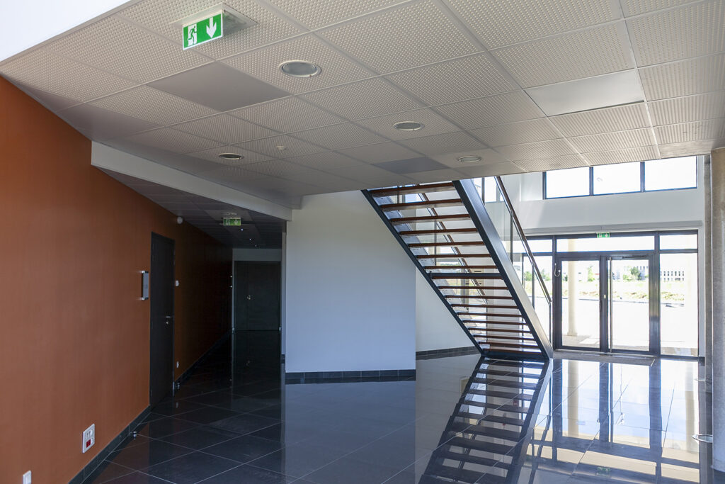 A staircase to an office mezzanine floor