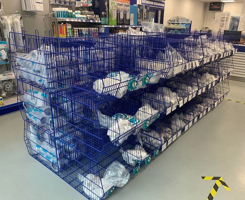 Wire mesh baskets in a warehouse